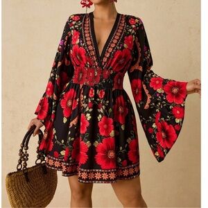 Plus Bohemian Black Red Floral Bell Sleeve Mini Dress 1X 2X 3X 4X